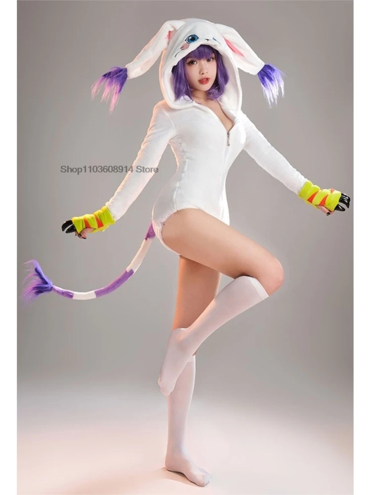 Anime Cosplay Gatomon Tailmon Neko Cosplay Costume Cute Halloween Sexy Romper Bodysuit Hooded Belt Tail Anime Doujin Suit