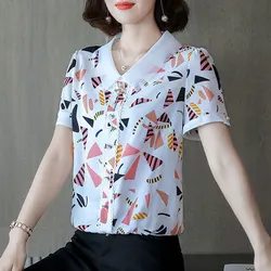 Fashion Geometric Printed Blouse Casual Gauze Peter Pan Collar Female Button Lace 2023 Summer Three-dimensional Decoration Shirt