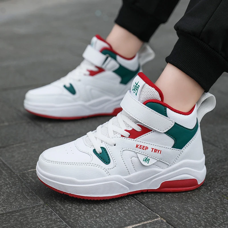 Picture 7: Kids High‑top Sneakers Boys PU Leather Skateboard Shoes Hook & Loop Thick Sole Non‑Slip Children Fashion Sports Casual Footwear