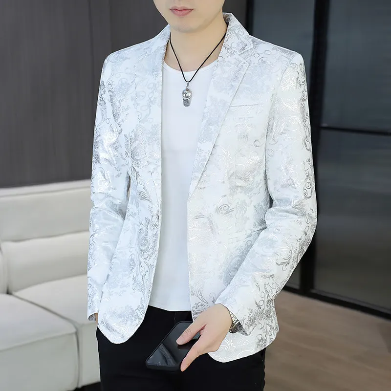 

Мужской костюм с золотым принтом, приталенный, повседневный, модный, из полиэфирного волокна, с длинным рукавом, плоским воротником, на одной пуговице