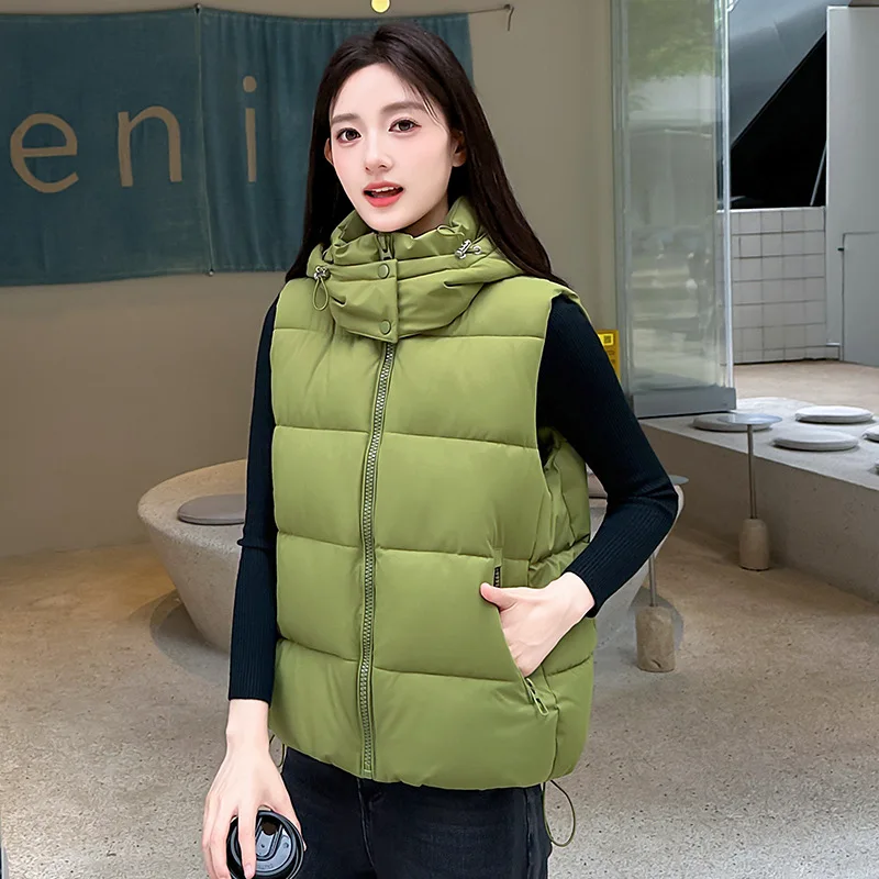 Cotton Vest Women Autumn Winter Removable Hat Sleeveless Jacket Warm Cotton Vest Coat Female Waistcoat Outerwear Chaleco Mujer