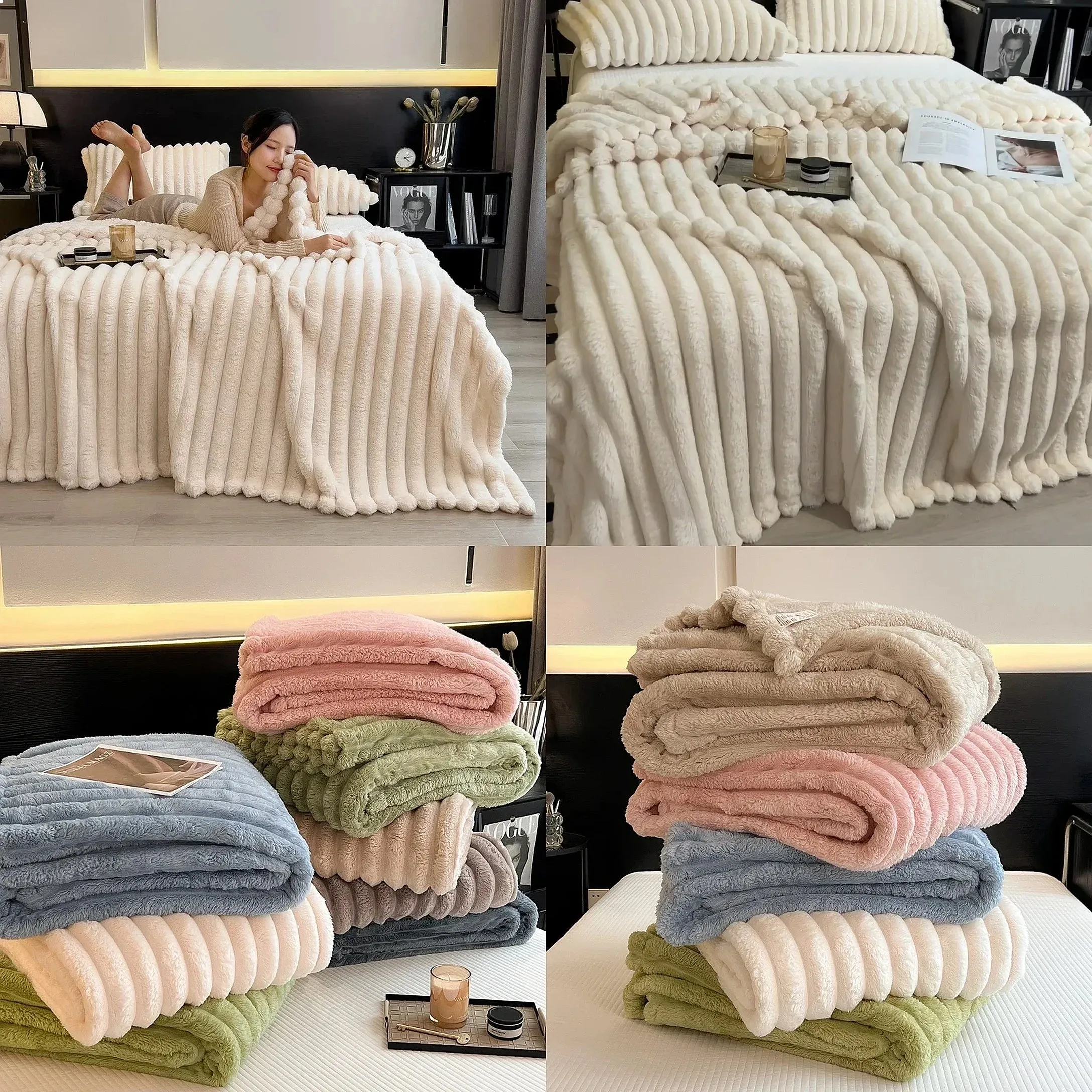 Artificial Rabbit Plush Throw Blanket Soft Coral Fleece Warm Thicken Blanket for Bed Sofa Cozy Autumn Winter Decor