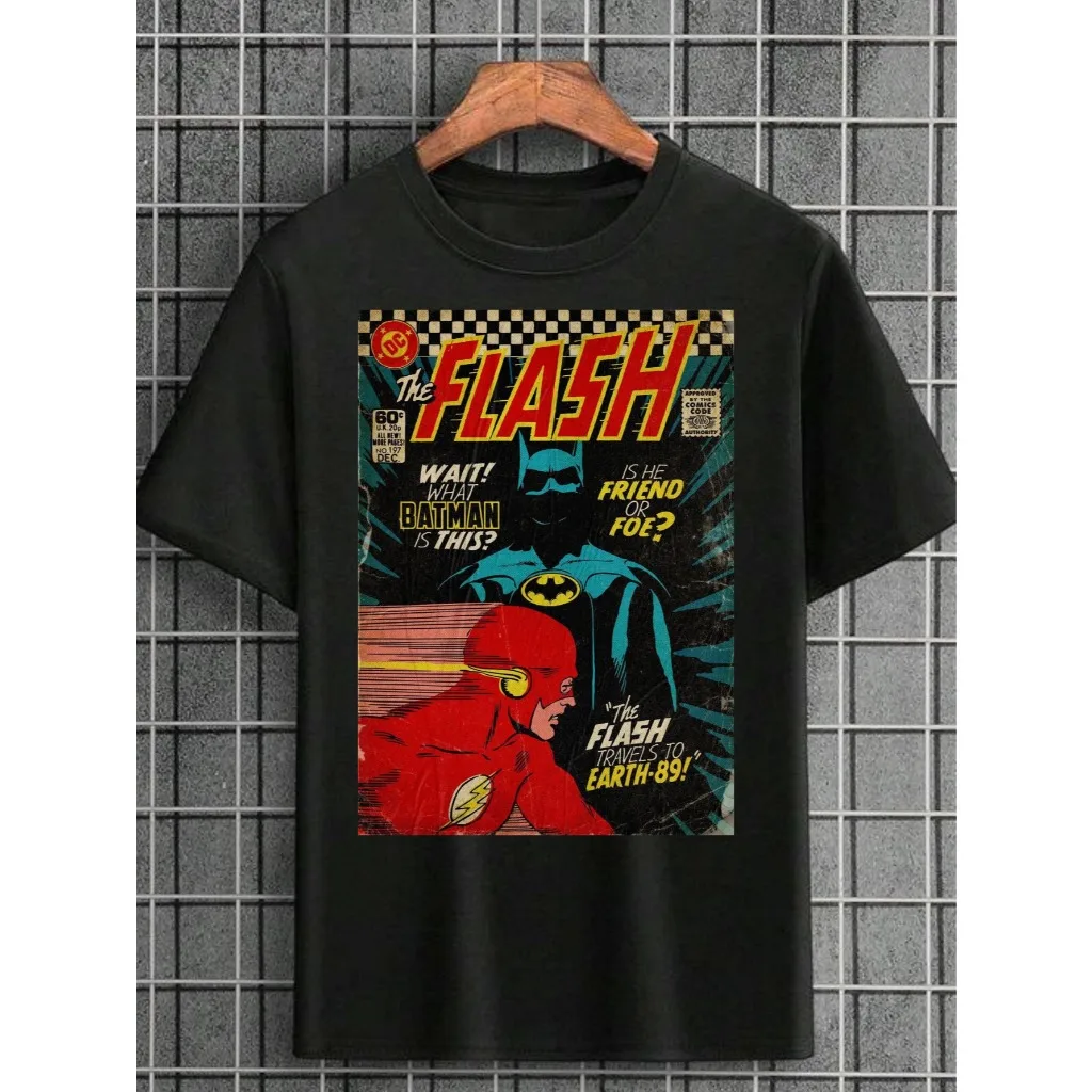 The Flash Batman Vintage Comic Cover T-Shirt Men Women and Kids Cotton Short Sleeve Retro DC Superhero Graphic Street Tee