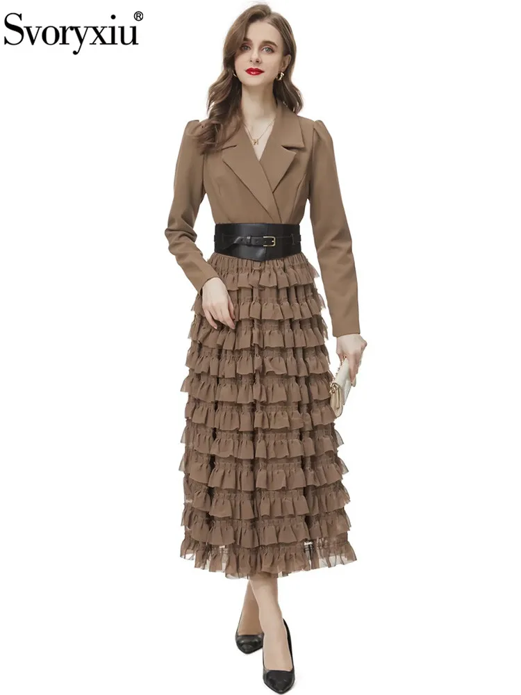 

Svoryxiu Fashion Runway Autumn Brown Color Vintage Long Dress Women's Turn-down Collar Belt Slim Cascading Flounces Party Dress
