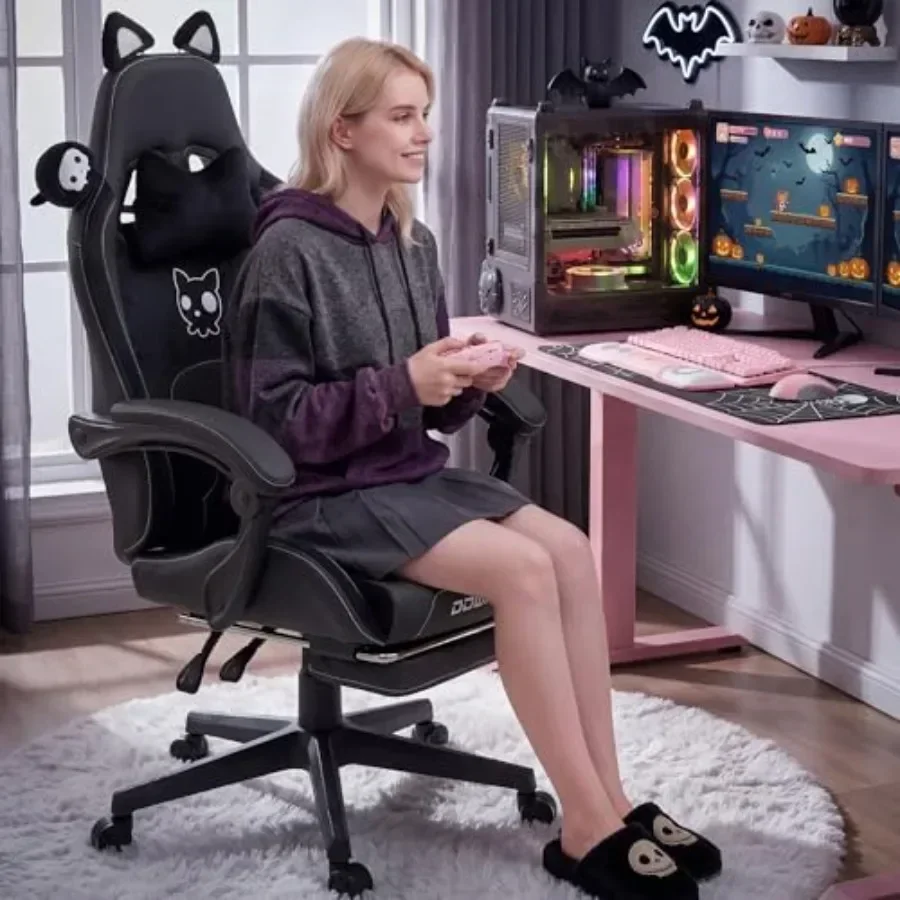 Gaming Chair for Adults with Cat Ears, PU Leather, Black, Massage Lumbar Support Reclining Function up to 290lbs - view 3