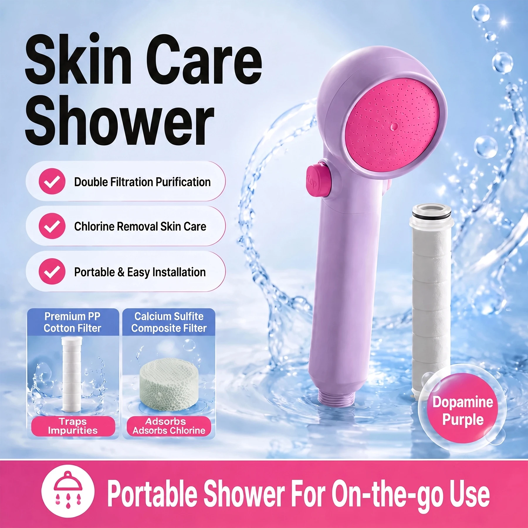 Dopamine Purple Filter Shower Head Portable Handheld Shower with Double Filtration Purify Water Remove Chlorine for Skin&Hair
