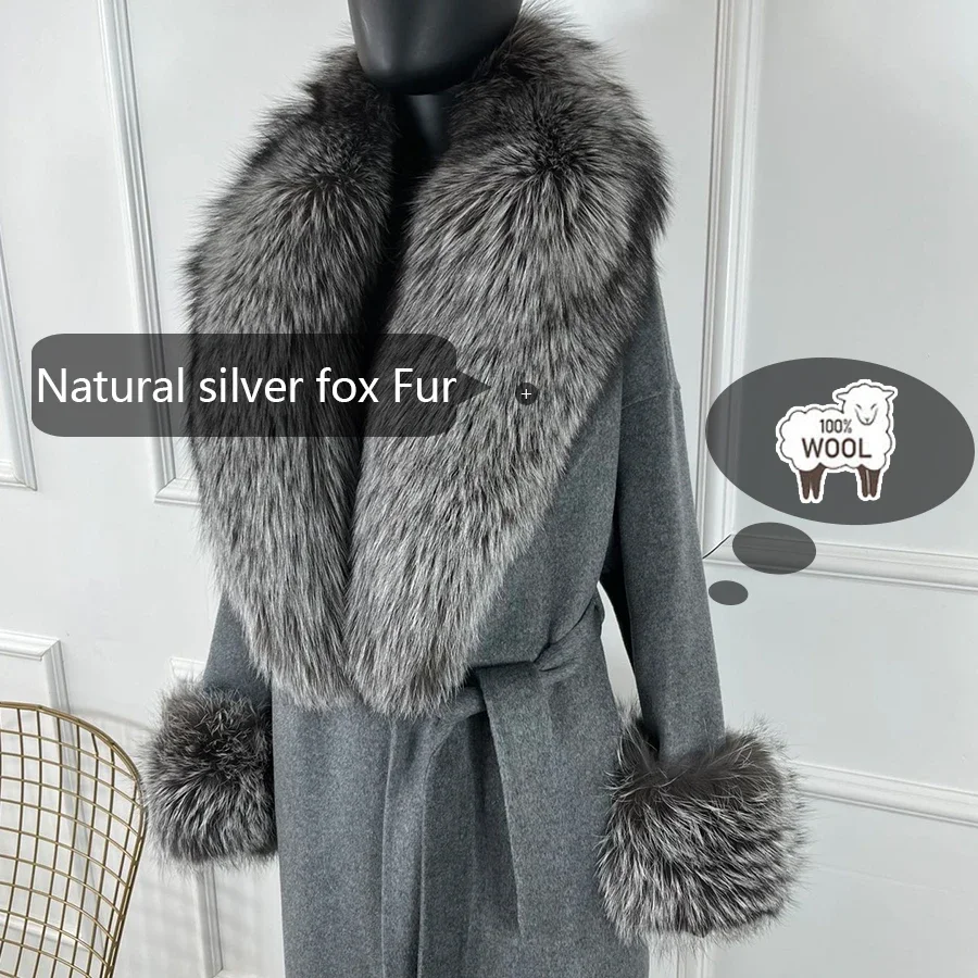 Women Cashmere Cardigan With Fur Natural Silver Fox Fur Collar Cashmere Wool Blends Long Outerwear Winter Ladies Fox Fur Coat