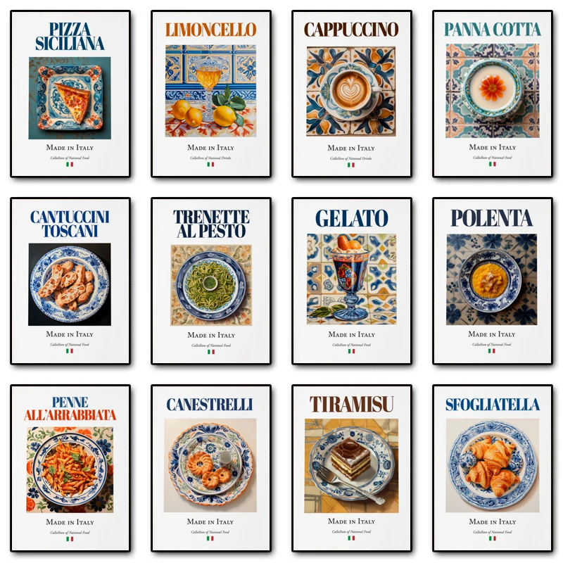 Retro Traditional Italian Food&Drink Cappuccino Dessert Poster Canvas Painting Wall Art Pictures Home Restaurant Decor Gift