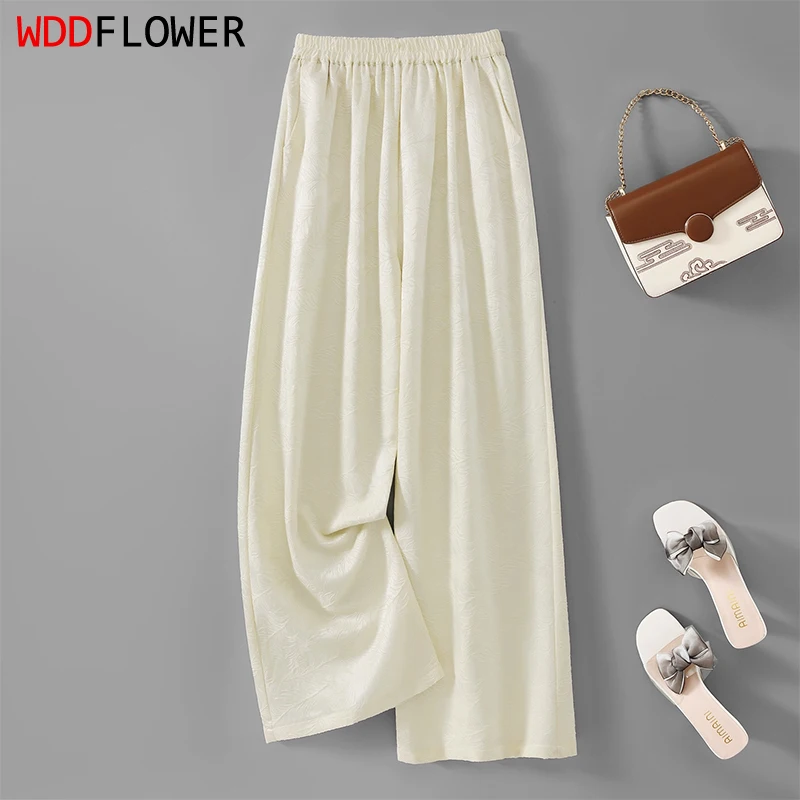 

Women Pants 35% Mulberry Silk 65% Wool Cream-white Color Loose Type Elastic Waist Wide Leg Trousers with Pocktes Warm FF081