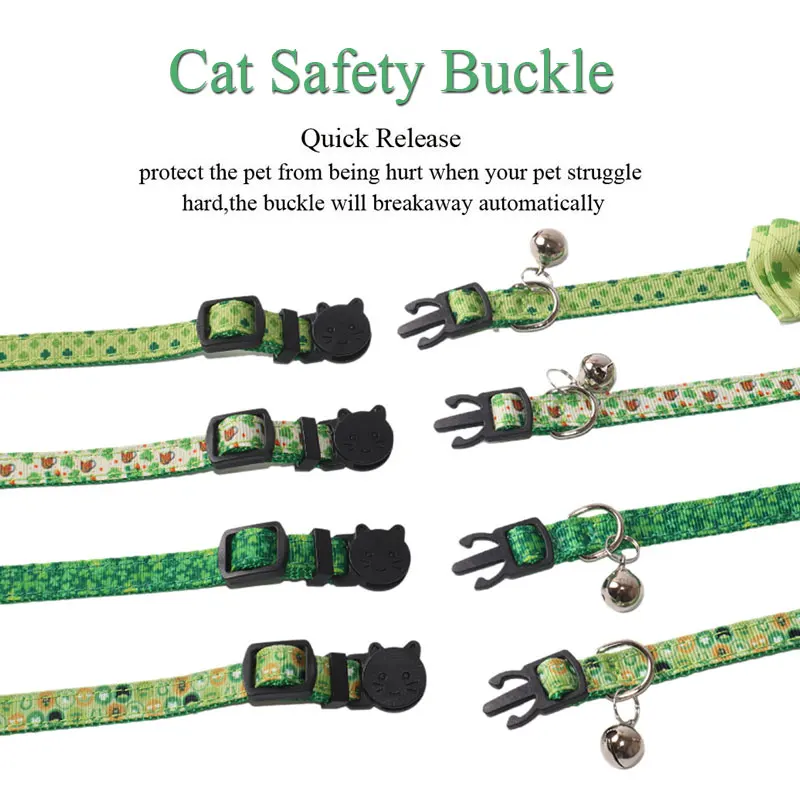 Green Cute Cat Collar Safety Breakaway Printed Gato Necklace Bowknot Pet Small Dog Collars Neck Strap Saint Patrick\'s Day New