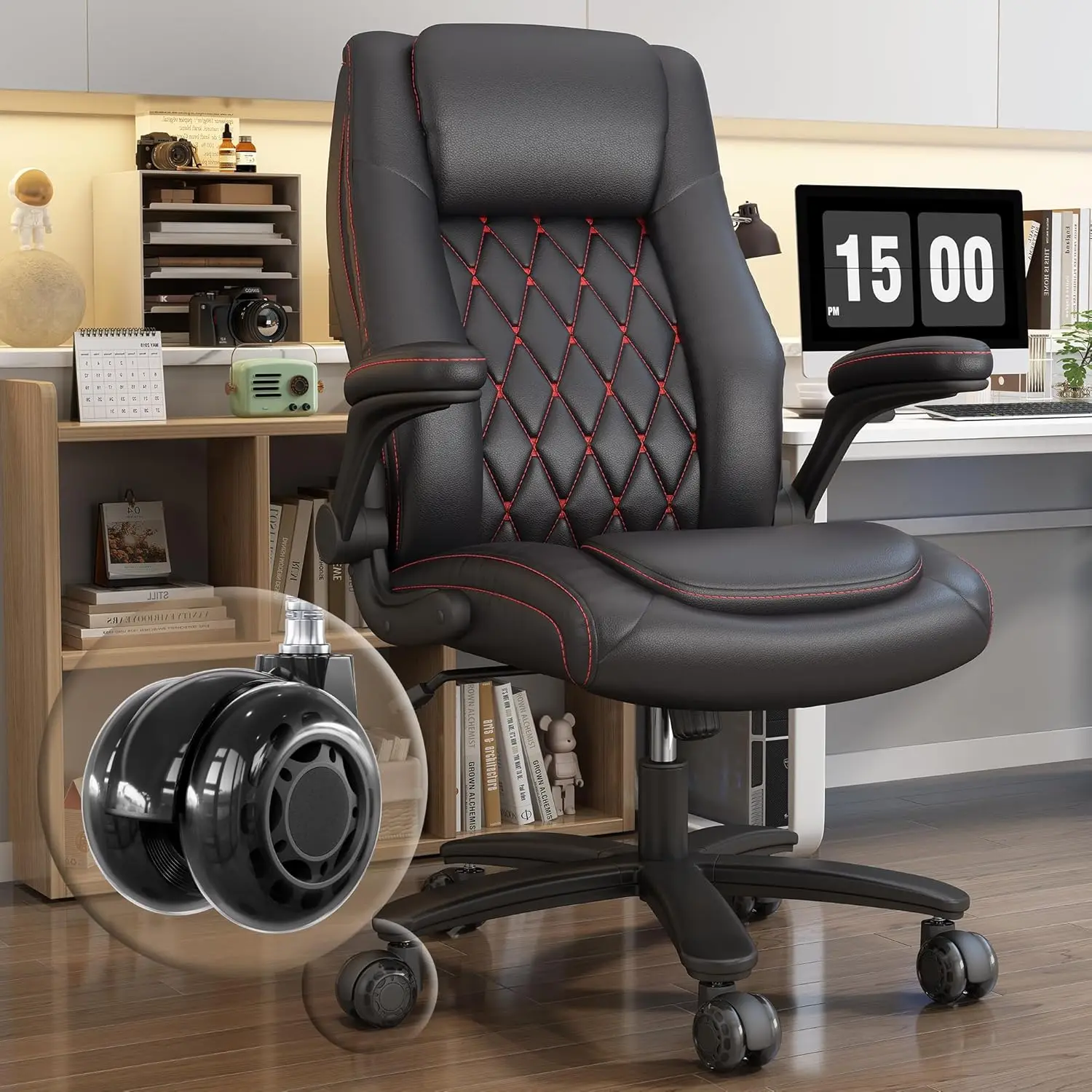 

High Back Executive Office Chair, Big and Tall Office Desk Chair 400LBS with Lumbar Support,Flip-up Armrests,Rubber Wheels,Black
