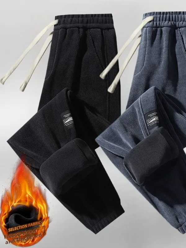 

Thiened Fce Lined Loose Fit Sports Sweatpants for Men Winter Youth Trendy Color Long Pants Middle Waist Cuffed