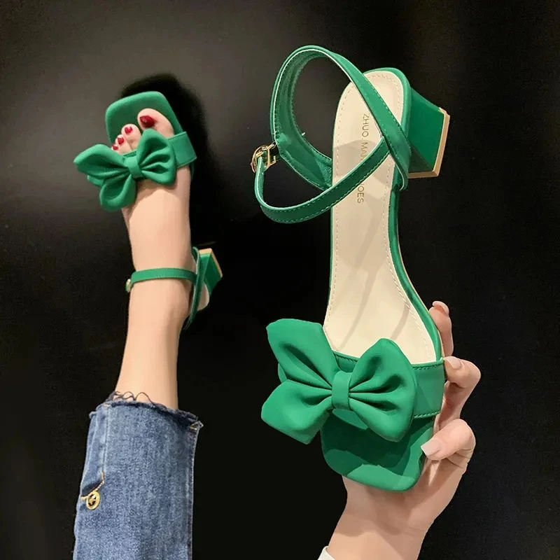 Sandals Women 2024 Summer New Fashion Square Head Bow French Buckle Belt Thick Heel Shoes Lady Sexy Work High Heels Beige Green