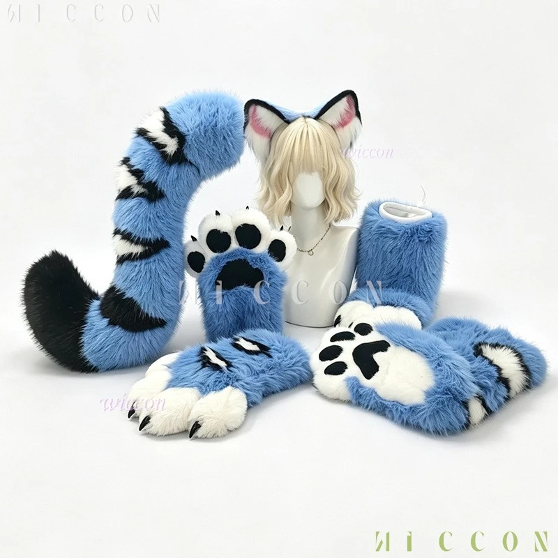 Derpyy Blue Tiger Fursuit Ears Tail Set Soft Faux Fur Messenger Tiger Beast Ears Cosplay Halloween Furry Convention Party view 3