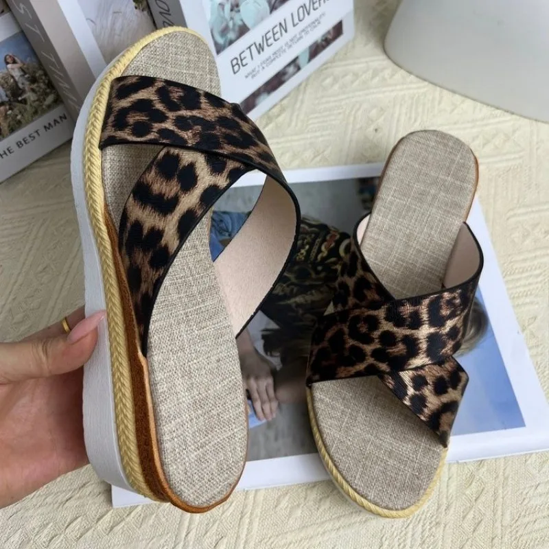 

Leopard Wedges Slippers Open Toe High Heels Sandals Summer Platform Shoes Beach Slingback Flip Flops Pumps Female Slides