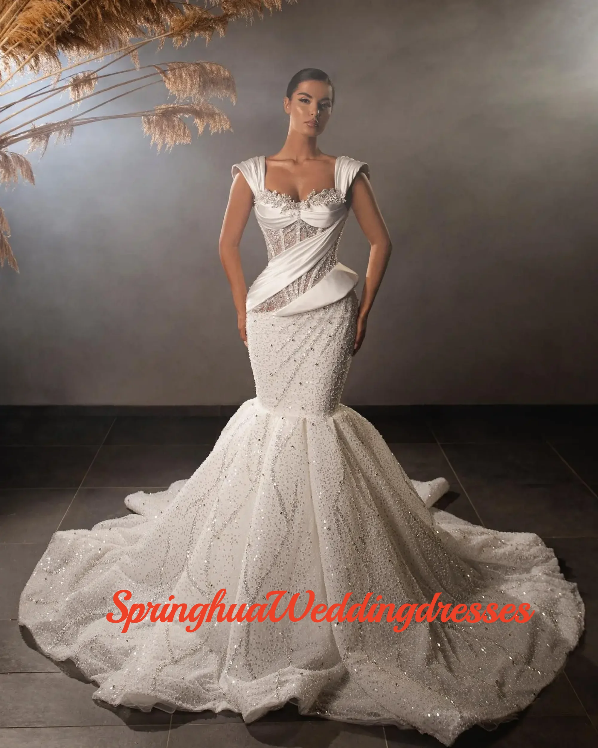 

Customzied Luxury Wedding Dress Beaded Pearls Shiny Sequins Sweetheart Sleeveless Spaghetti Straps Bridal Gowns Plus Size Vestid