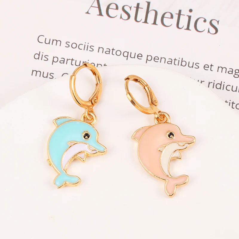 

Cute Metal Enamel Dolphin Pendants Hoop Earrings Lovely Marine Animal Drop Earrings For Girls Kids Birthday Party Jewelry Gifts