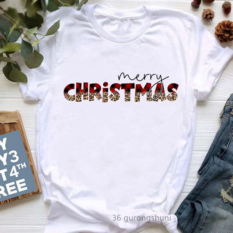 Merry Christmas 2023 Letter Print Tshirt Women'S Clothing Funny White T Shirt Femme Harajuku Shirt Winter Fashion T-Shirt Tops