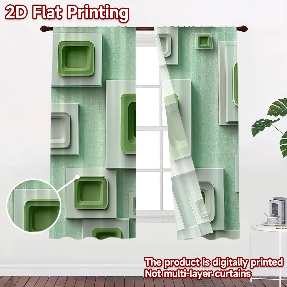 2D flat 2pcs Curtain Home Short Curtains Green Nested Squares Durable polyester fiber Festive Curtains Perfect for Room bedroom