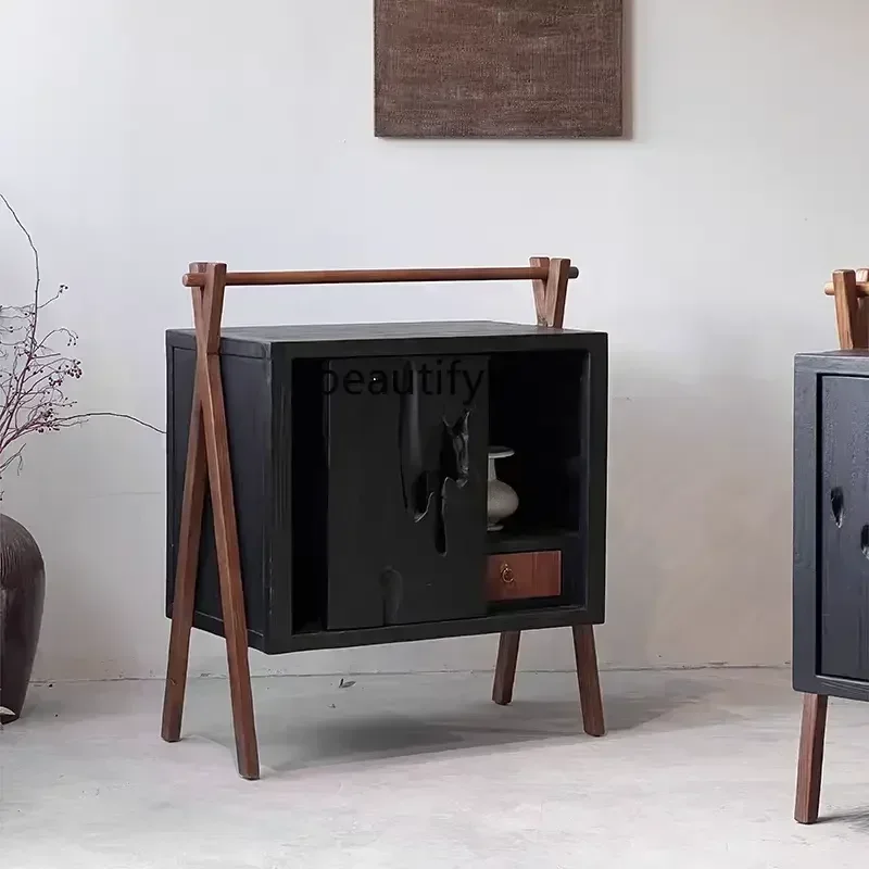 

HHWabi Sand Wind Carbonized Black Solid Wood Designer Medieval Entrance Cabinet B & B Restaurant Locker Tea CabinetH