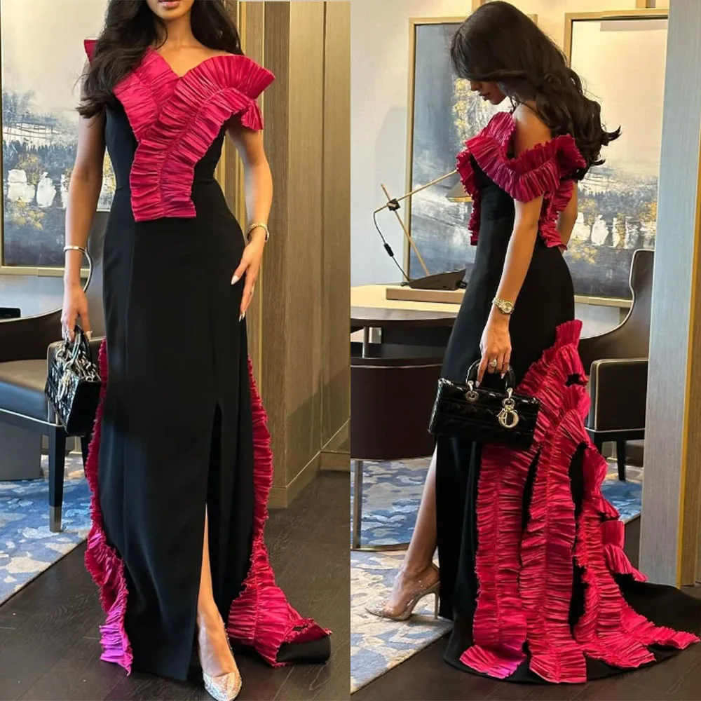 

High Quality Customized V-neck High Fork Pleat Color Contrast Sleeveless Vestidos Para Bodas Mujer Invitada فستان احمر Vestidos