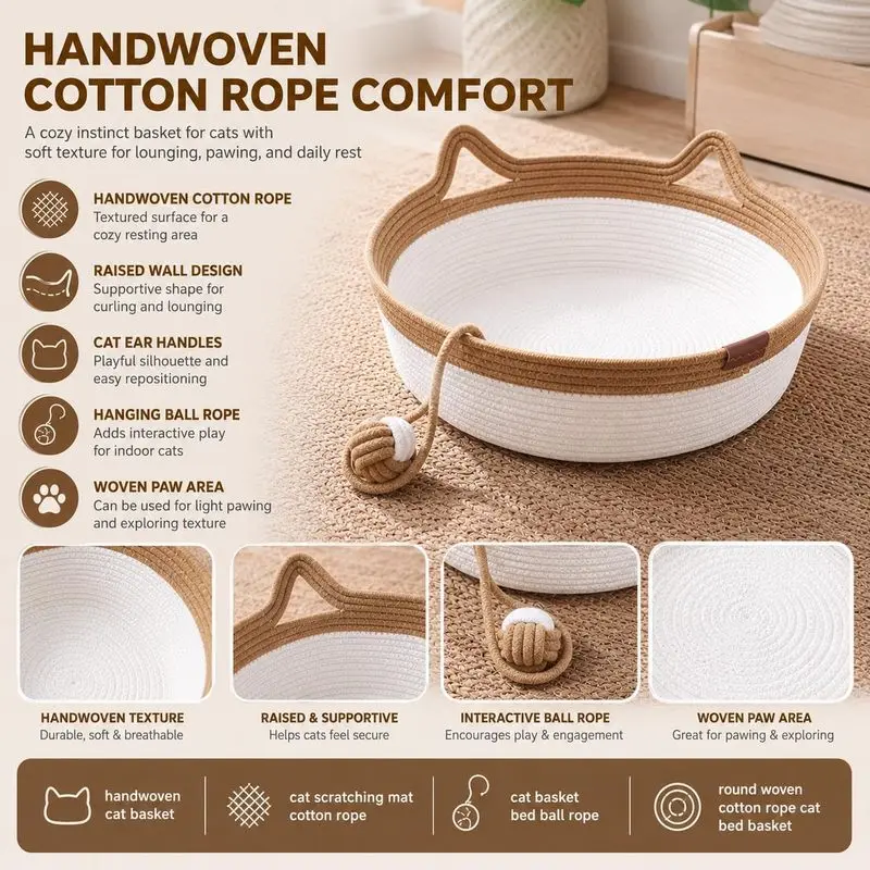 35/40/46cm Handwoven Cotton Rope Cat Basket Bed with Cat Ear Handles Ball Toy Indoor Cat Nest Sleeping Basket