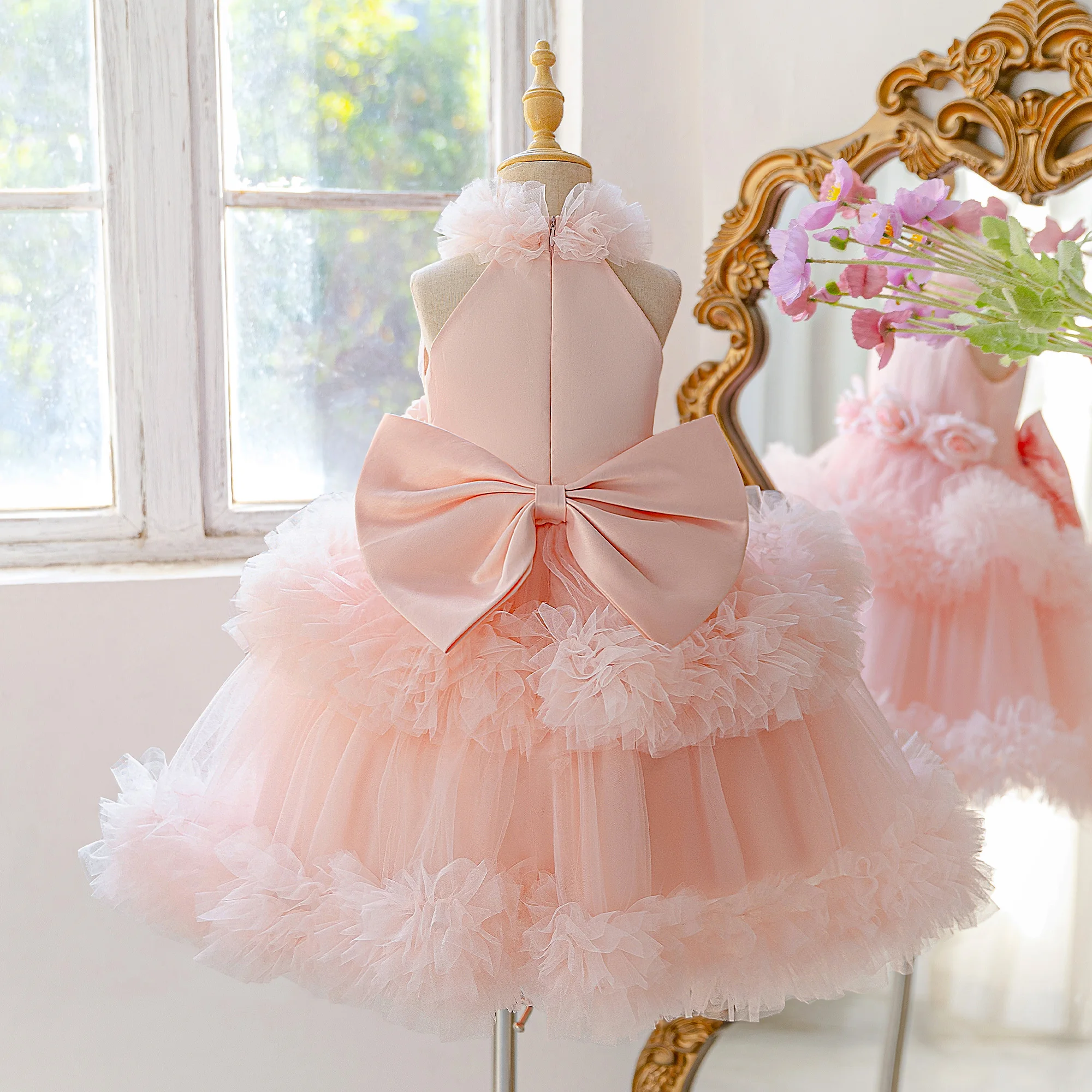 Elegant Flower Party Girls Dress Summer Bow Birthday Princess Dress for Girl Tulle Wedding Bridesmaids Pageant Prom Gown Vestido