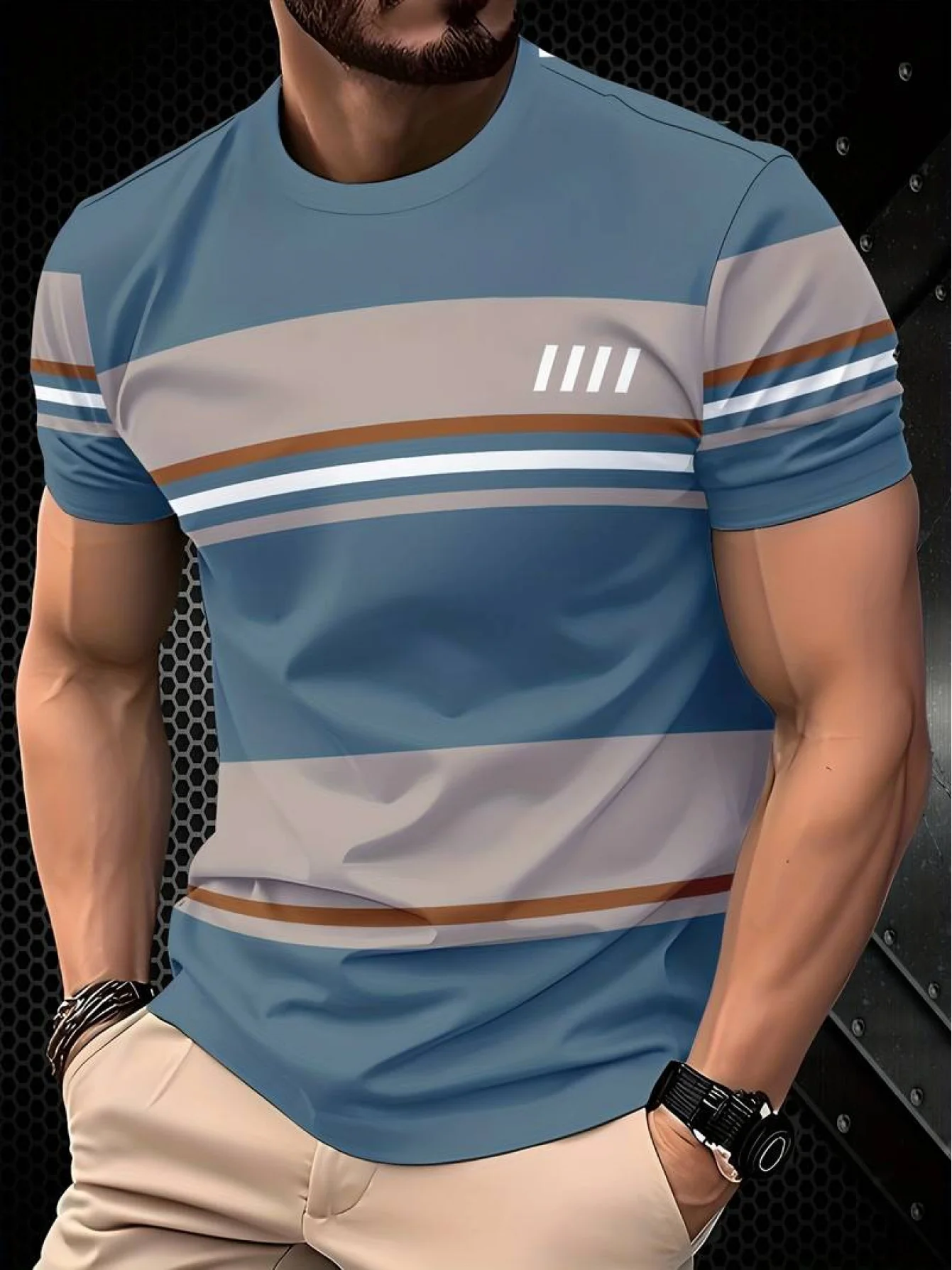 Men Color Block Striped T-Shirt, Blue Gray Multi Tone Horizontal Stripe Short Sleeve Crew Neck Casual Summer Tops