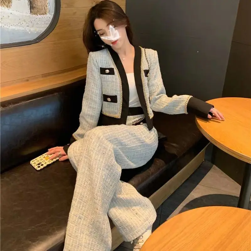 fashion Small fragrance v-neck women 2 pcs set long sleeve elegant pants suits 2024 spring korean chic niche simple two-piece