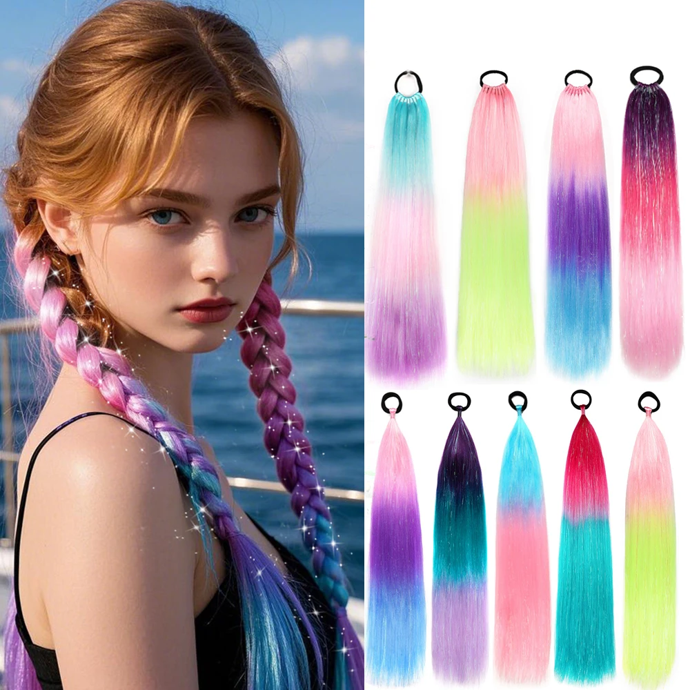 Ponytail Extensions Synthetic Boxing Braids Rainbow Wrap Around Chignon Tail With Rubber Band Hair Ring Crazy Hair Ombre Braid