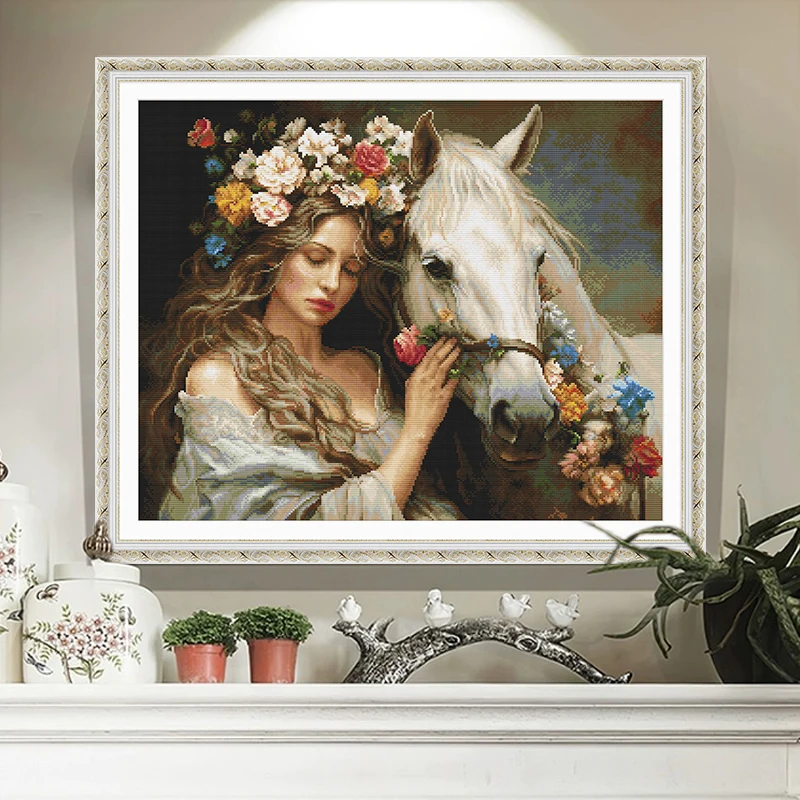 DIY pre-printed Cross Stitch 11CT 14CT Aida Fabric beginners set Flower Fairy and Horse embroidery floss kit