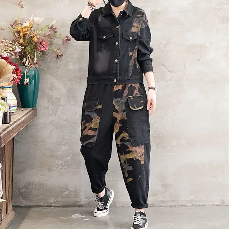 2025 Autumn Denim jacket Suits Plaid Striped Shirt Collar Fashion Set Women's 2022 Spring New Coat casual Jeans Two-Piece Set