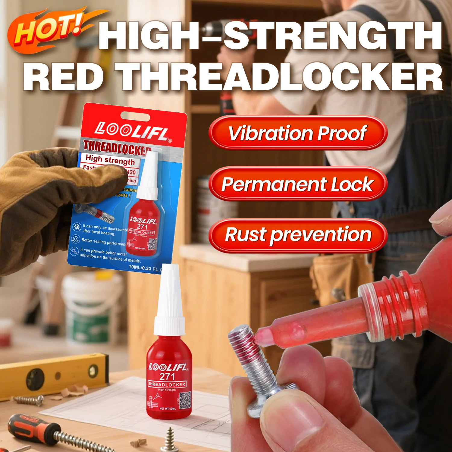 271 Adesivo per filettature 10 ml Frenafiletti a polimerizzazione rapida Adesivo anaerobico Riparazioni automobilistiche Macchinari tecnici Alta resistenza Anticorrosione e antiallentamento Adatto a tutti i metalli