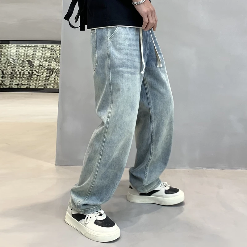 2024 primavera nuovi Jeans a gamba larga da uomo sciolto gamba dritta pavimento moda High Street Hip Hop Versatile semplice pantaloni Casual in Denim