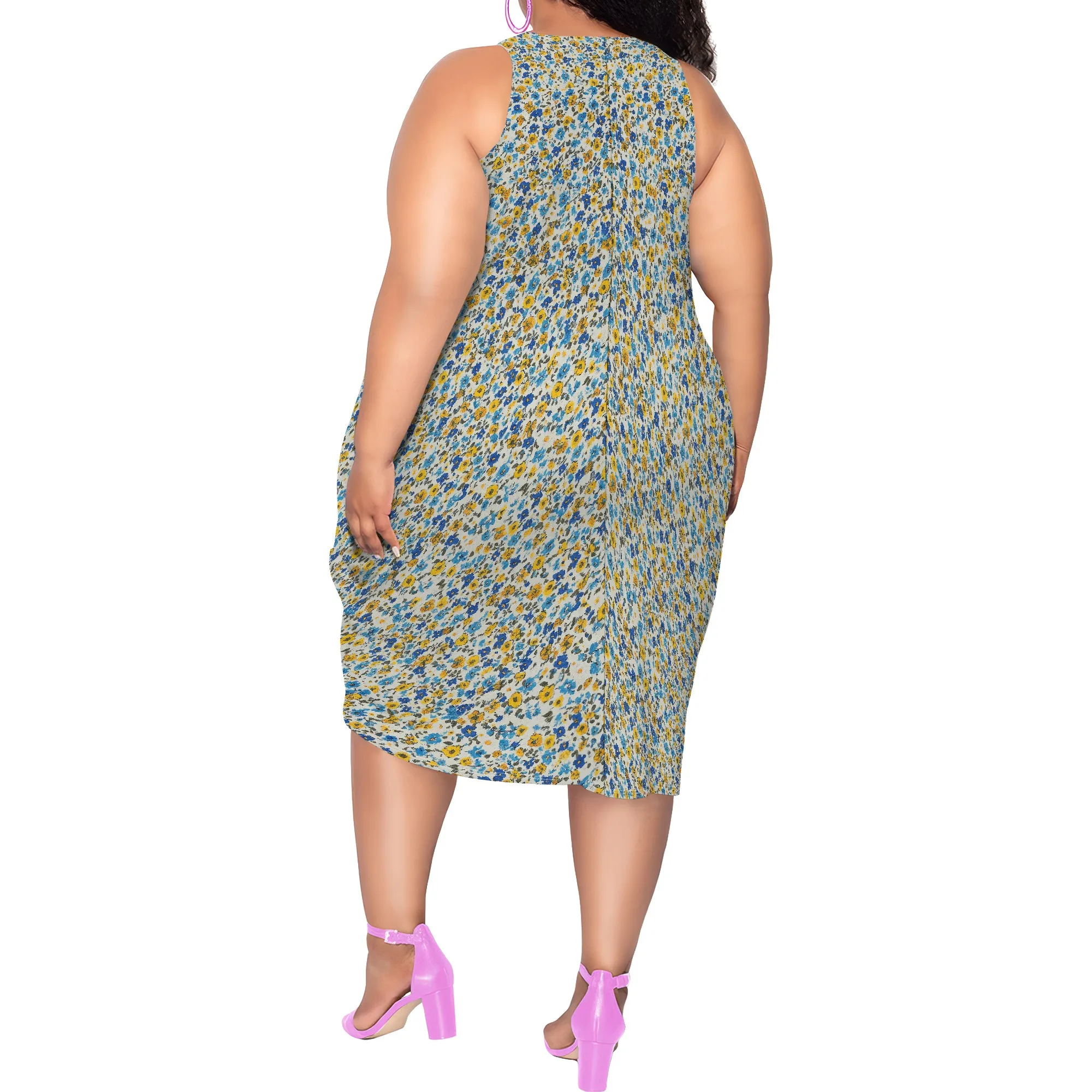 T-shirt da donna taglie forti con scollo a V senza maniche con stampa floreale e tasca, abito casual midi con canotta, copricostume da spiaggia