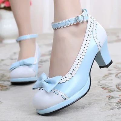 Handmade Bow Cute Student round Toe High Chunky Heel Color Matching Sweet Leather Shoes Lolita