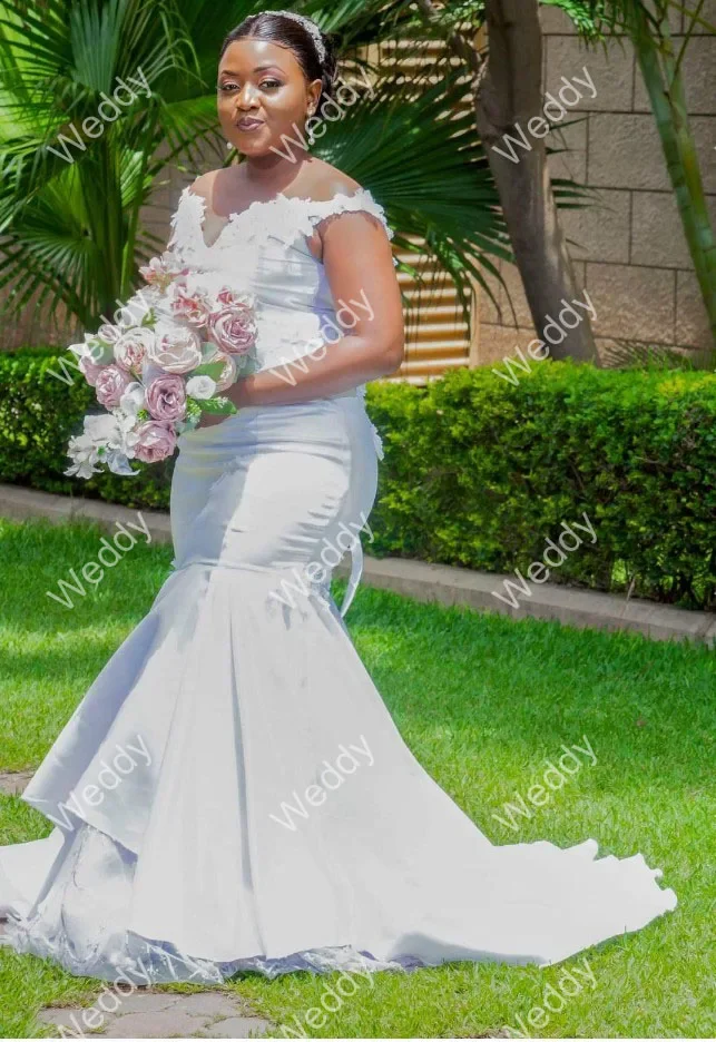 Impressionante fora do ombro vestidos de sereia africana robes de mariage varredura trem jardim sem mangas apliques vestidos de noiva