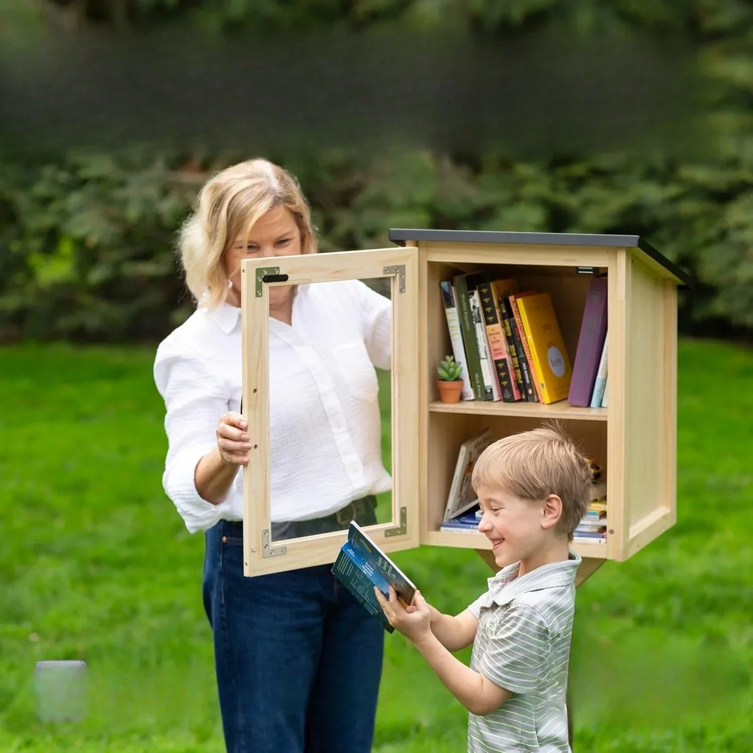 

Outdoor Library Book Box - Free Literature Exchange Kit for Outside-Little Wood Cabinet for Sharing Books and Arts-16x14x22Inch