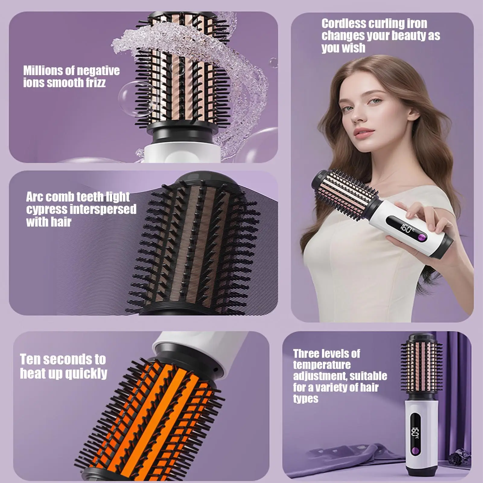 Heated Curling Brush Ionic Curler Comb Wand with 3 Temperature Setting Hair Curling Brush for Women Men Salon Blowout Look Less