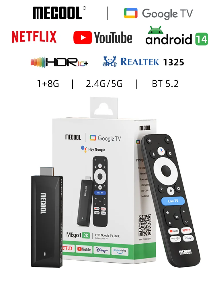 

MECOOL Android TV Stick MEgo 1 2K Android 14 Google TV OS Netflix Chromecast TV 1+8G WIFI 2.4G/5G HDR10+ TV Box Vs Fire TV Stic