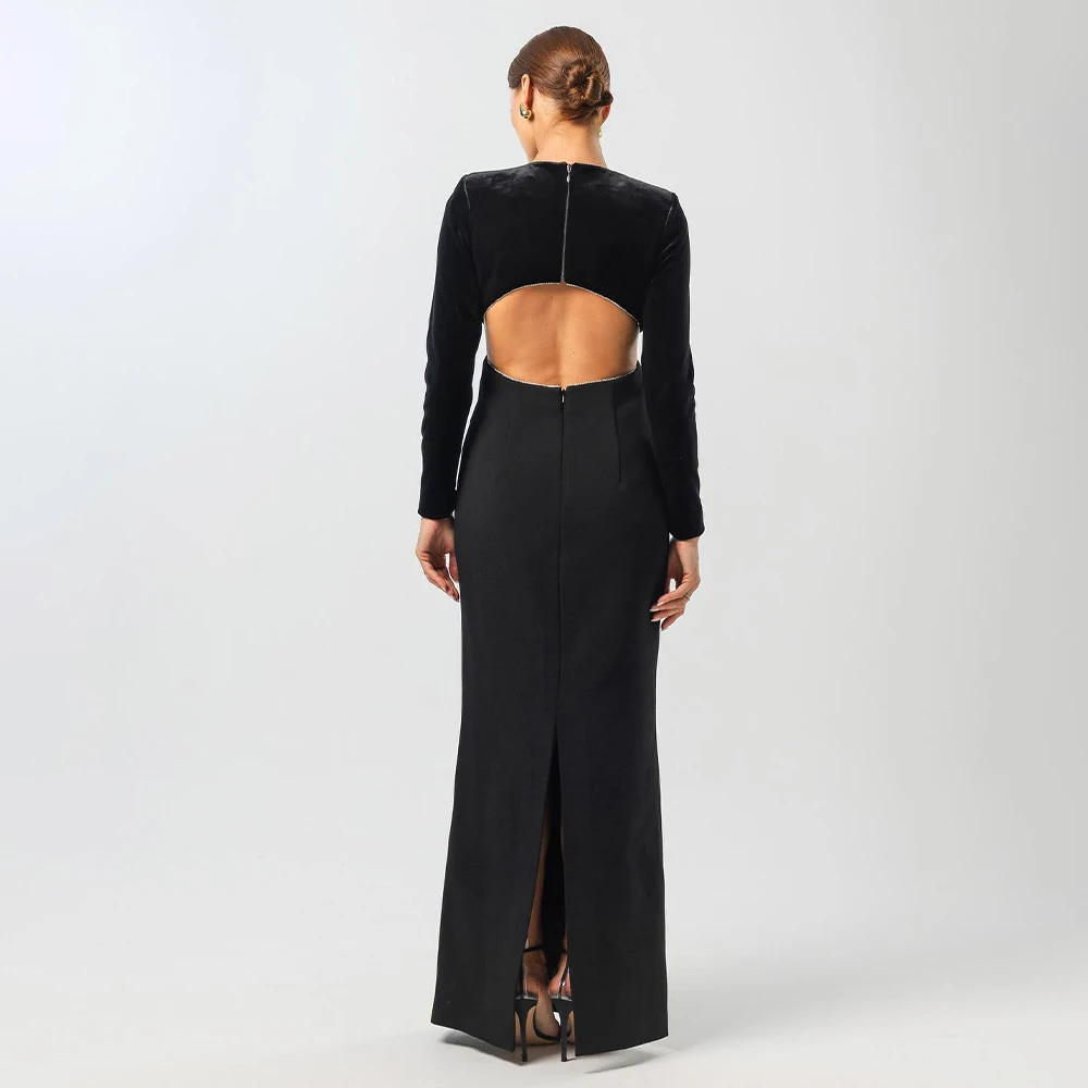 Elegant Formal Evening Dress Black Velvet Long Sleeves Column Evening Gowns for Women 2024 Open Back Floor Length Party Dresses