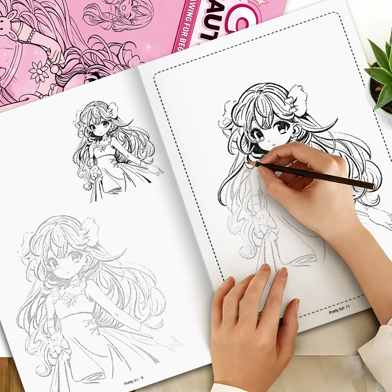 Beautiful Girl Sketching Coloring Book Graffiti, Line Drawing Album, Comic Character Drawing Practice Book, Flip Up Version