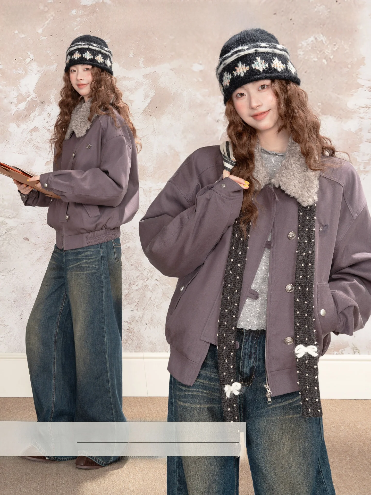 

Loveheynew Soft Purple Detachable Fur Collar Thiened Jaet Women's Loose Slimming Warm Outerwear Vintage Sle Long Sve