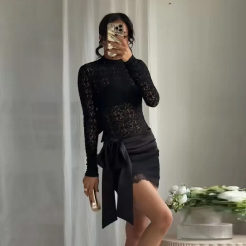 

Комплект с прозрачными кружевными вставками и рукавами с вырезами — женское сексуальное черное облегающее мини-платье с атласным бантом, НОВЫЙ пикантный клубный наряд