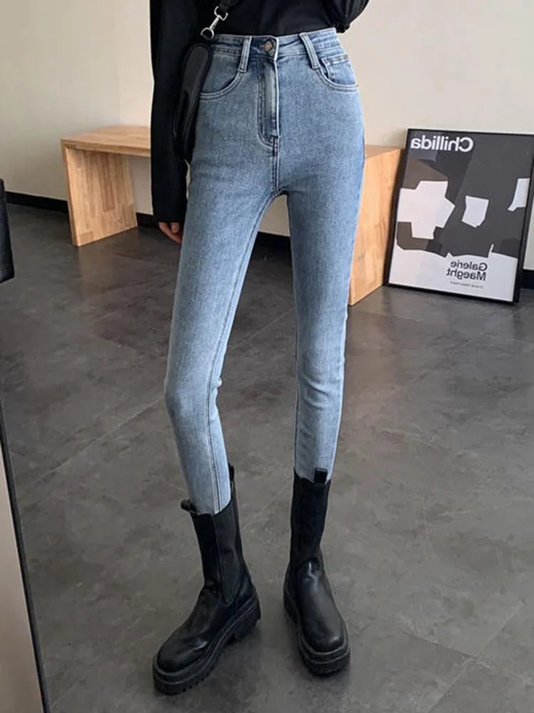 Vintage Skinny Thicken Pencil Jeans Women Stretch High Waist Velvet Lined Denim Pants Korean Streetwear Ankle Length Vaqueros