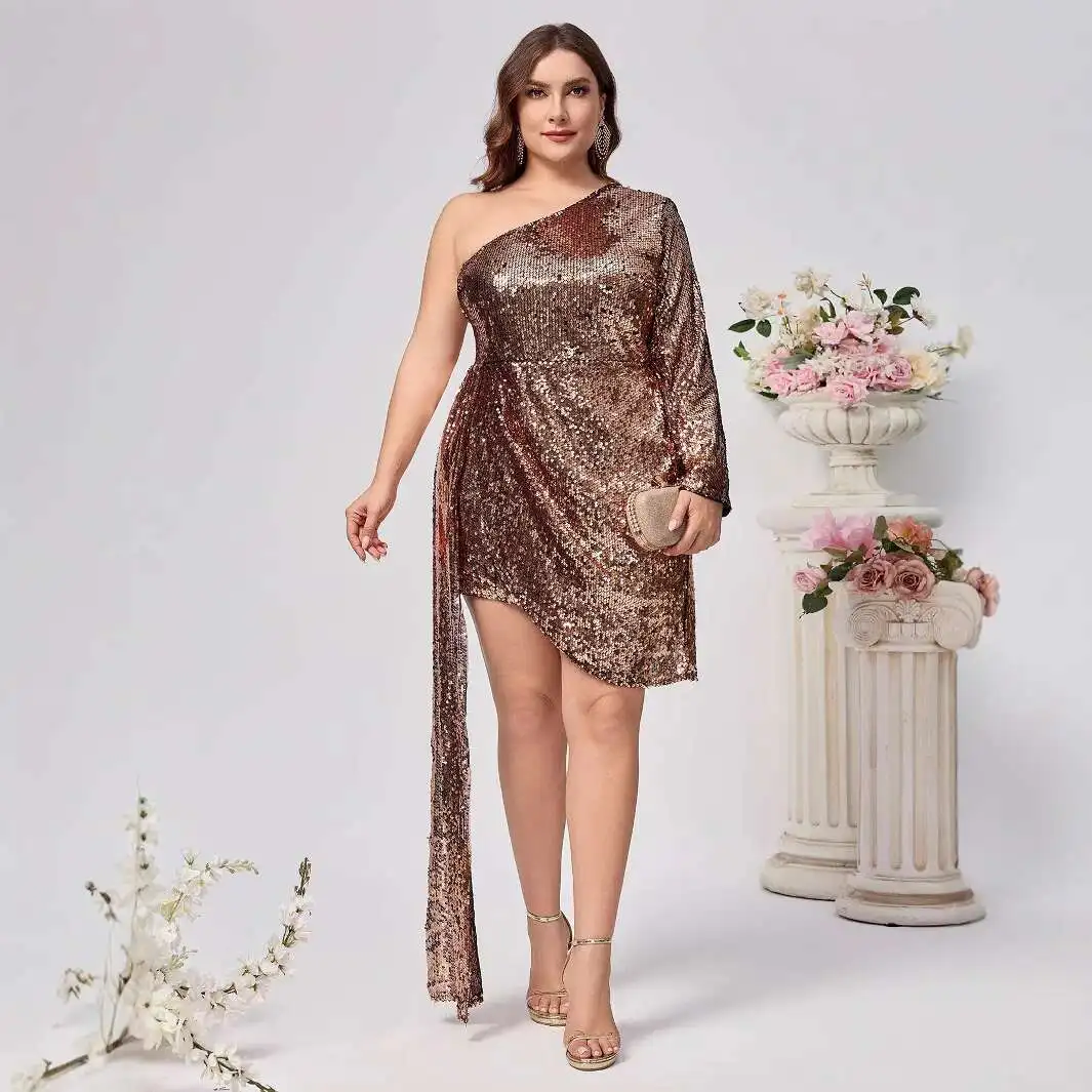 

2025 Plus Size Women's Clothing New Product Oblique Shoulder Solid Color Sequin Dress Mid Skirt Summer Elegantes Casual Y2k