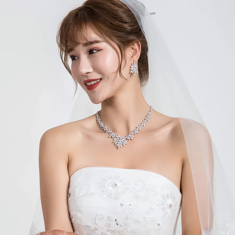 WEIMANJINGDIAN Brand Luxury Marquise Cut Cubic Zirconia Cluster Wedding Necklace and Earring Bridal Jewelry Set