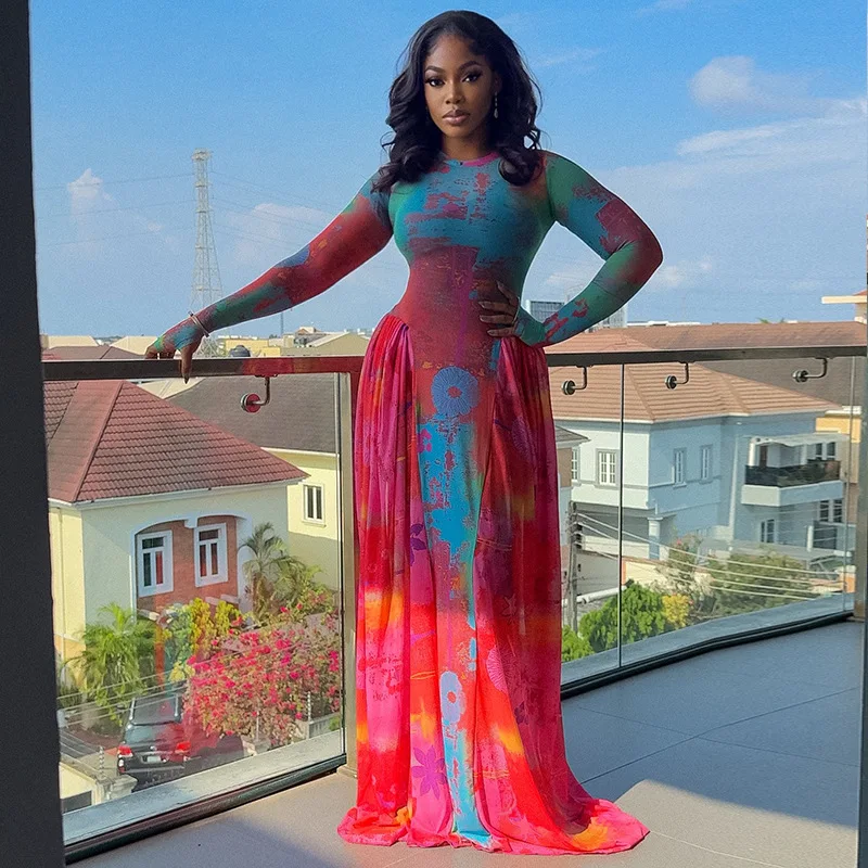 Trendy Women's Pleated Printed Patchwork Waist-cinching A-line Dress With Round Neck And Long Sleeves For Home Wear