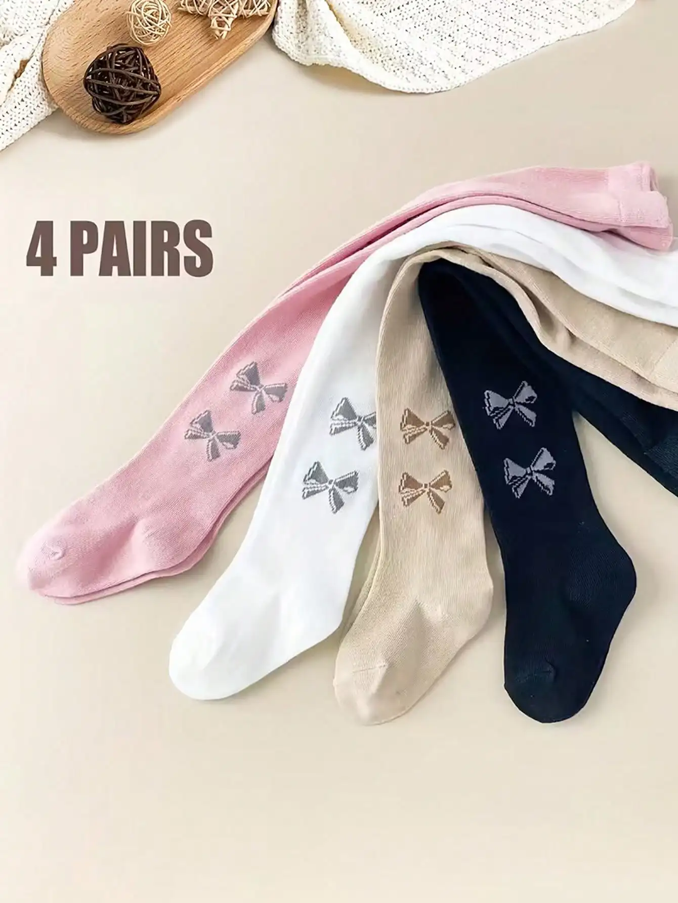 4 Pairs Kids Pantyhoses with Printed Bowknots Decoration, Sweet and Cute Soft Leggings Suitable for Girls' Daily Life in All Seasons