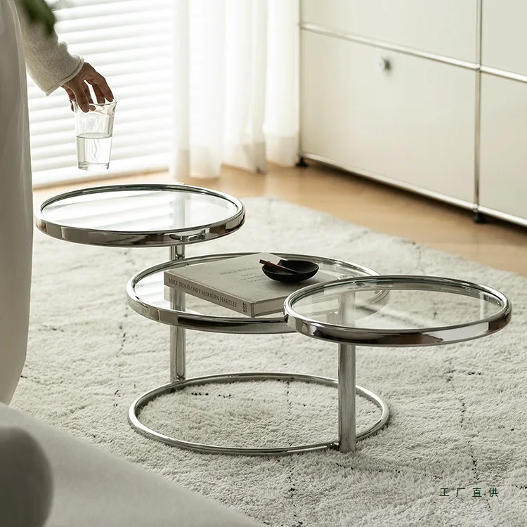Creative stainless steel coffee table home living room small apartment Bauhaus rotating glass round coffee table